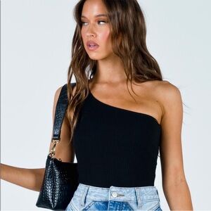 Princess Polly Rueful Black Ribbed One Shoulder Bodysuit, Size 4 Women's